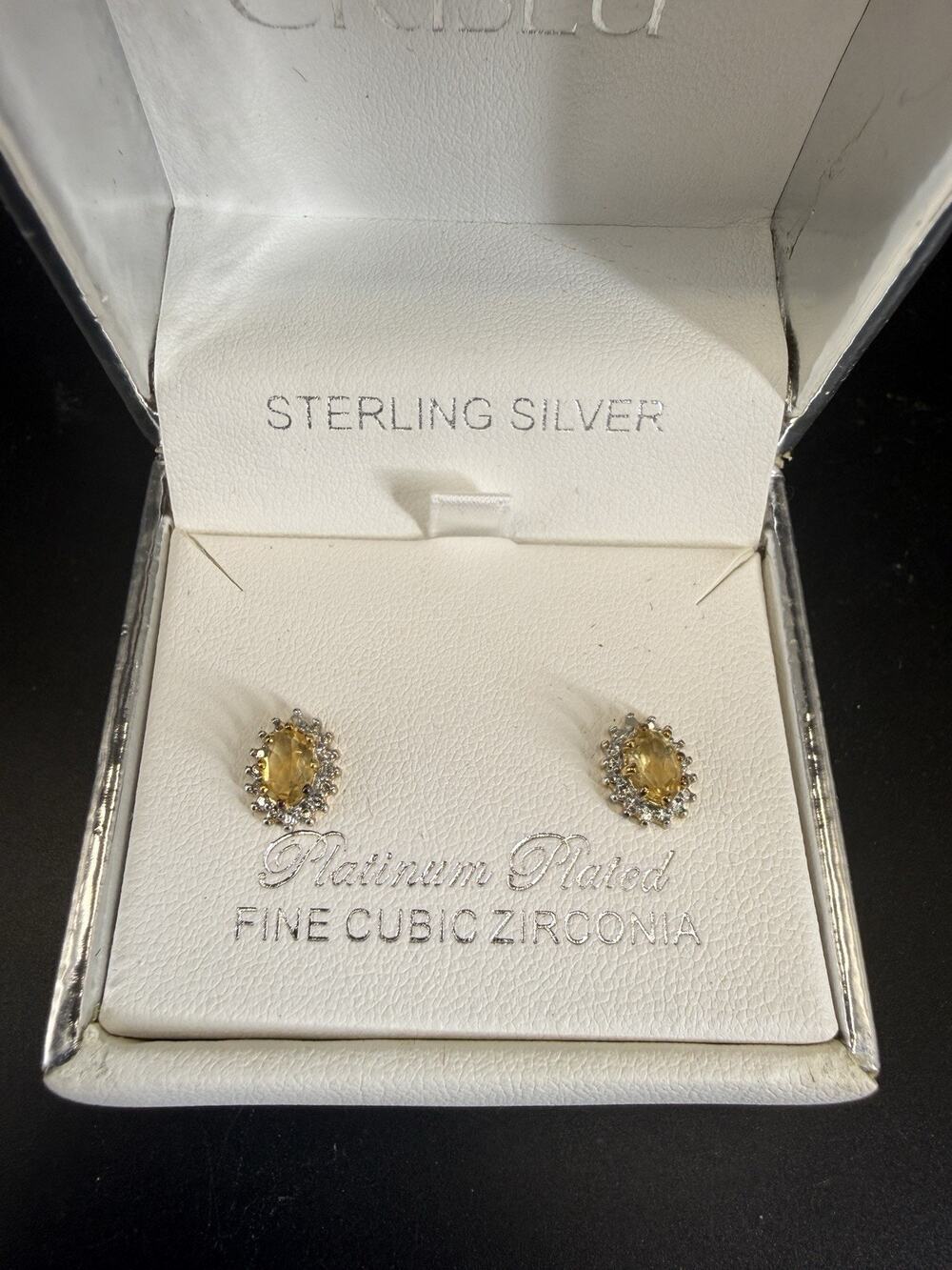 NEW IN BOX Crislu Sterling Silver Platinum Plated Fine CZ Oval Cut Earrings